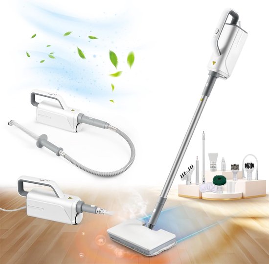 Nettoyeur vapeur Fuegobird 2 en 1 - Balai vapeur électrique 1 500 W - Avec unité portative - Pour le nettoyage à la vapeur des sols stratifiés en bois massif, des joints de carrelage et des voitures - Blanc
