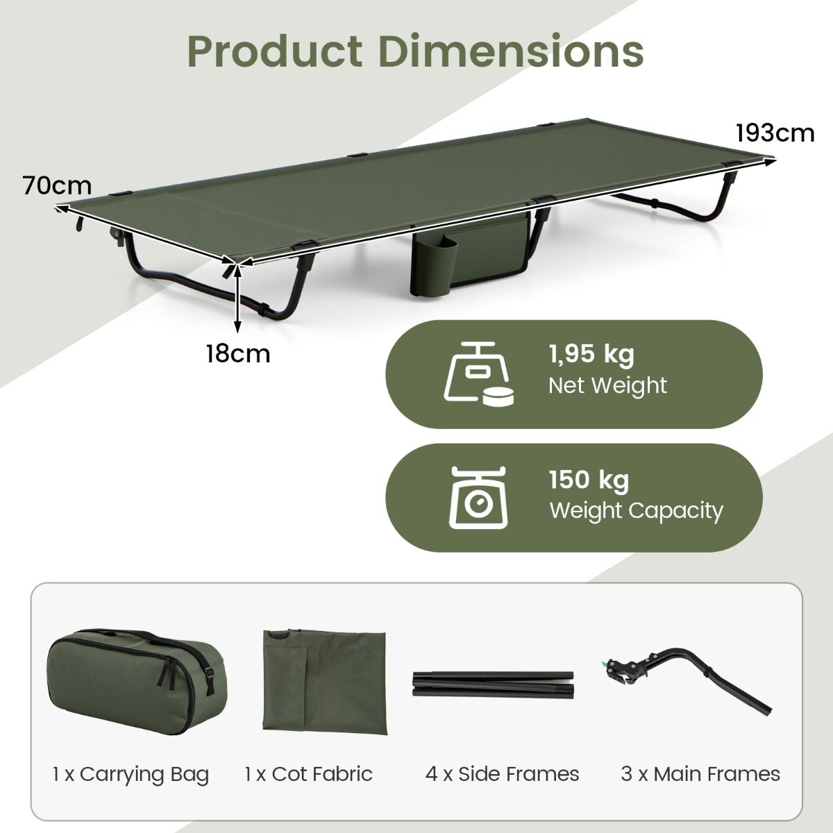 Lit de camping pliable Coast - ultra-léger - avec poche latérale et compartiment pour oreiller - vert
