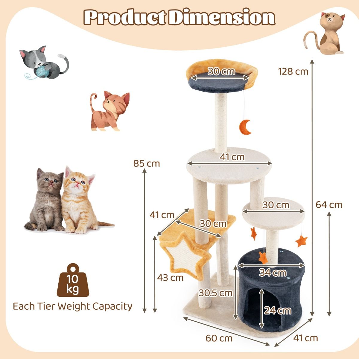 Arbre à chat Coast - 128 cm - Plusieurs étages - Poteaux à griffer en sisal - Beige et gris