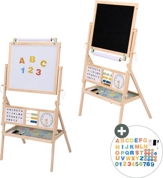 Sunny Nola Activités Chevalet – Petit chevalet en bois pour enfants - Chevalet de jeu avec tableau blanc et ardoise - Chevalet de peinture pour enfants – Tableau magnétique - Comprend un rouleau de papier, des aimants, des craies, des marqueurs et une gom