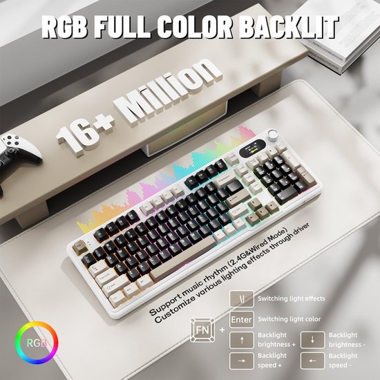 ATTACK SHARK X98 - Clavier gaming mécanique sans fil - Écran TFT - Molette multifonction - Touches en PBT - Tri-mode : filaire/2,4 GHz/Bluetooth - Modèle « Gasket » - 98 touches - Cheese White