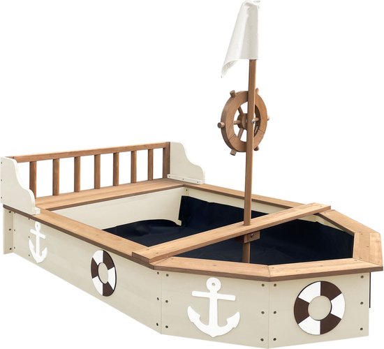 Bac à sable AXI Doris en forme de bateau avec banc de rangement, couleur beige – Drapeau et barre en bois – Bâche de protection et toile de sol incluses – Garantie de 10 ans !
