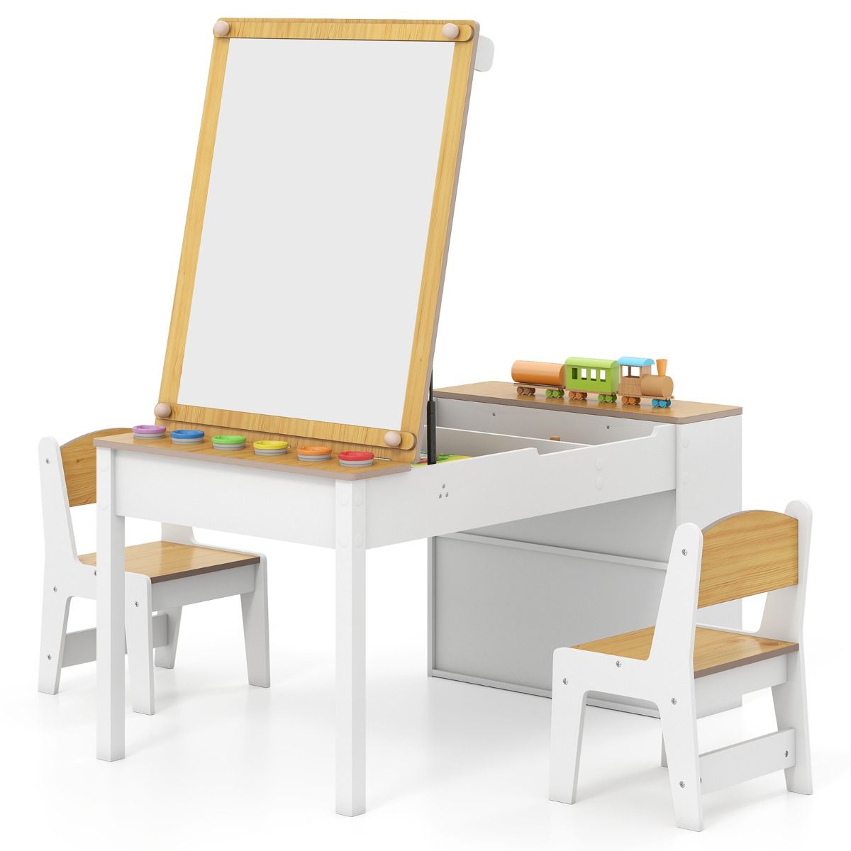 Table d'art et ensemble de chevalets pour enfants Coast - conception multifonctionnelle 2-en-1 - avec 2 chaises - blanc et naturel