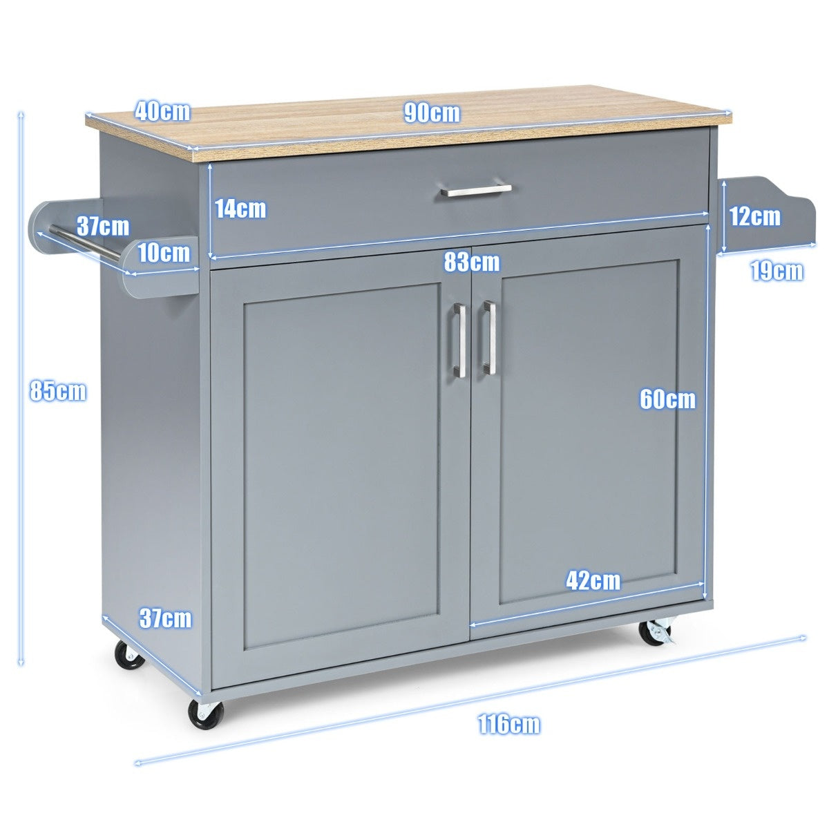 Coast îlot de cuisine voiture chariot de rangement roulant grande armoire 116 x 40 x 85 cm gris + nature