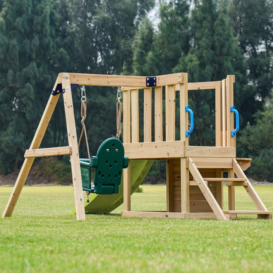 Structure de jeux AXI Timo Mini avec balançoire pour bébés, mur d'escalade et tableau noir – Toboggan rouge – Bois certifié FSC – Petite structure de jeux pour le jardin / l'extérieur