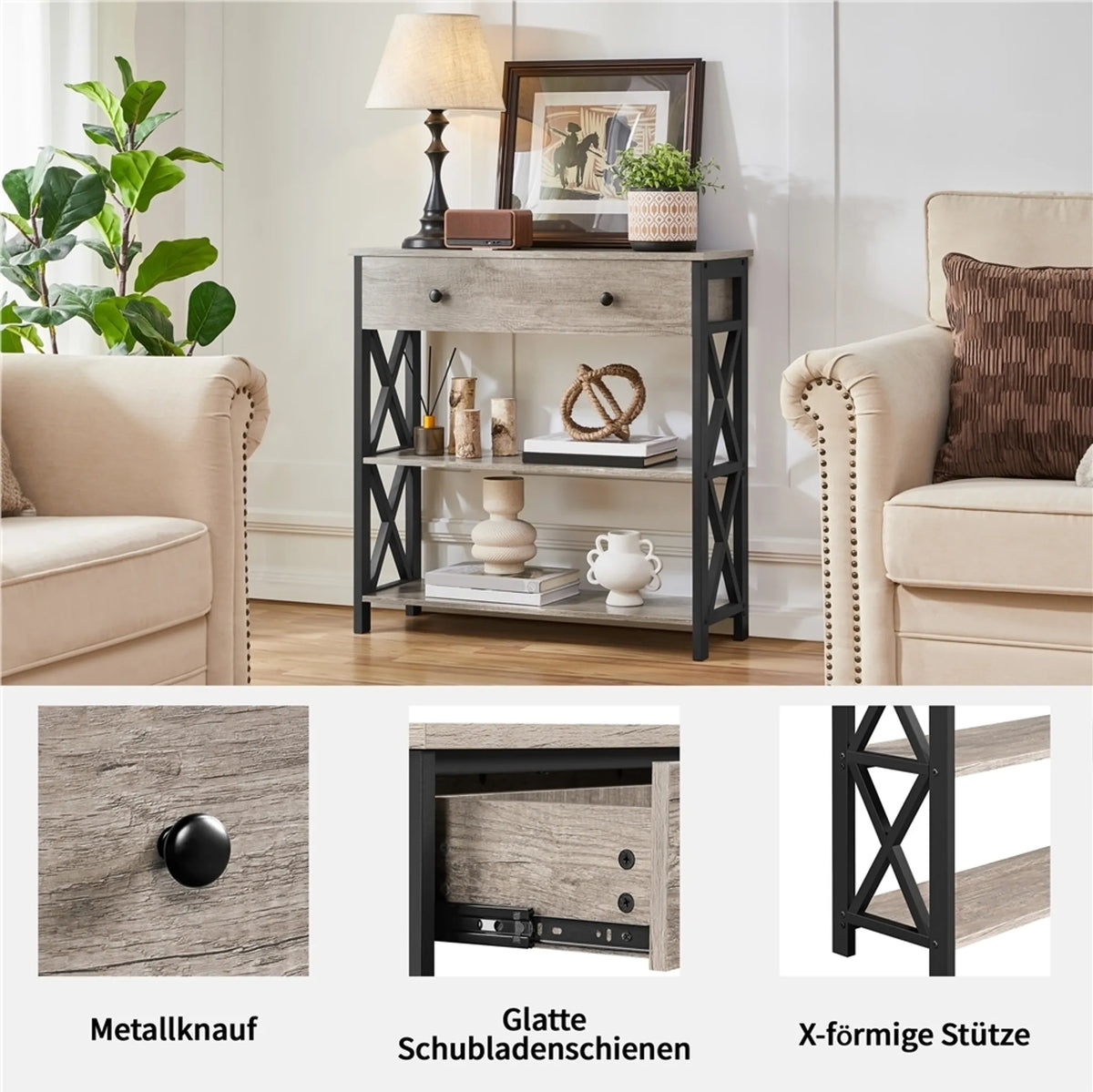 Table murale Yaheetech 80 x 29,5 cm avec tiroir coulissant et 2 étagères – Gris – MDF et métal