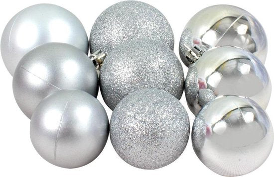 Cadeaux de Noël Set de boules de Noël argentées - 70 pièces boules de Noël en plastique - boîte de rangement pour boules de Noël incluse - Ø4/5/6 cm