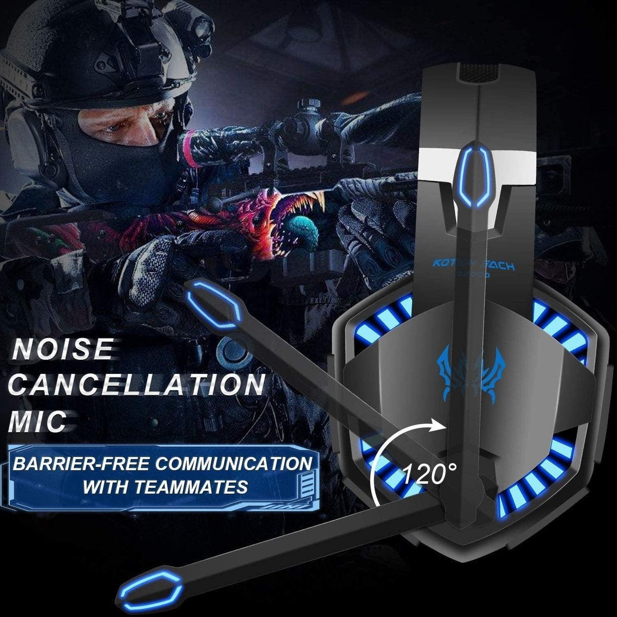 KOTION Casque de jeu EACH G2000 - Noir/Bleu - Convient pour PS4, Xbox One, Switch et Windows