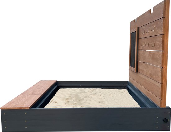 Bac à sable AXI Mandy XL 130 x 120 cm avec espace de rangement et couvercle, couleur anthracite/marron – Avec banc et tableau à craie – Toile de protection incluse – Garantie de 10 ans !