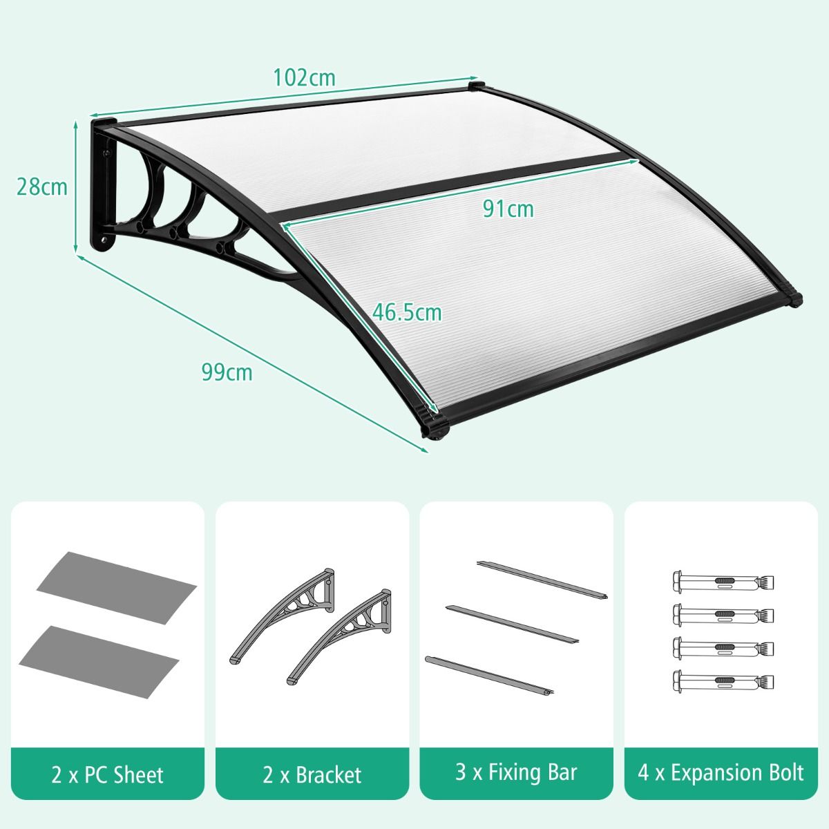 Auvent pour porte-fenêtre Coast - protection contre le soleil et la pluie - panneau en polycarbonate - gris - 102 x 99 cm