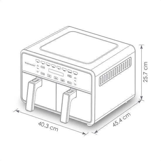 Friteuse à air chaud double XXL 11 L - Friteuse à air chaud sans PFAS - Infrarouge - Double zone - 2 x 5,5 L - 40–200 °C - 8 programmes de cuisson - 2 850 W - WM-2511 AF - Noir