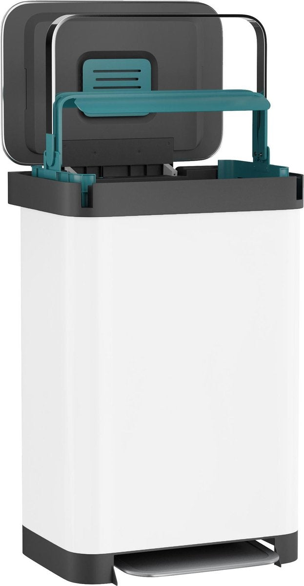 Prullenbak met pedaal - 50 liter - RVS - Wit - Pedaalemmer Homra Pullix - Automatisch Lucht Filter - Odor Control - 50L capaciteit - Soft Close Deksel - Afvalemmer - Met Hengsel - Afval Aandrukken - Design - Hygiënisch