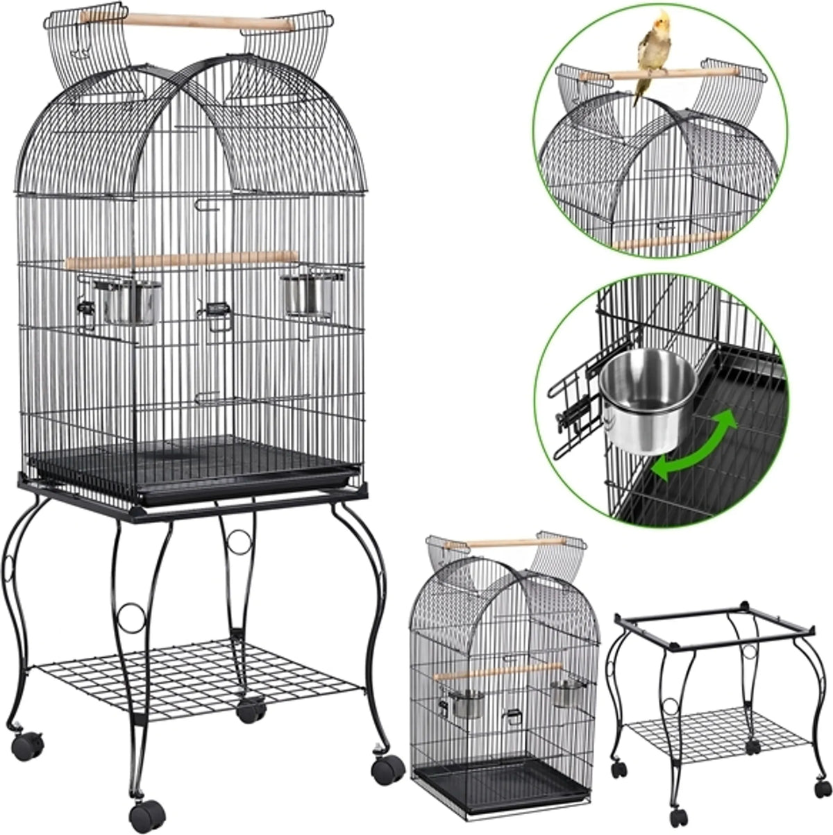 Yaheetech Cage à oiseaux - Perruches et perroquets - 59.5x59.5x150 cm - Mobile - Support amovible - Perchoirs - Noir