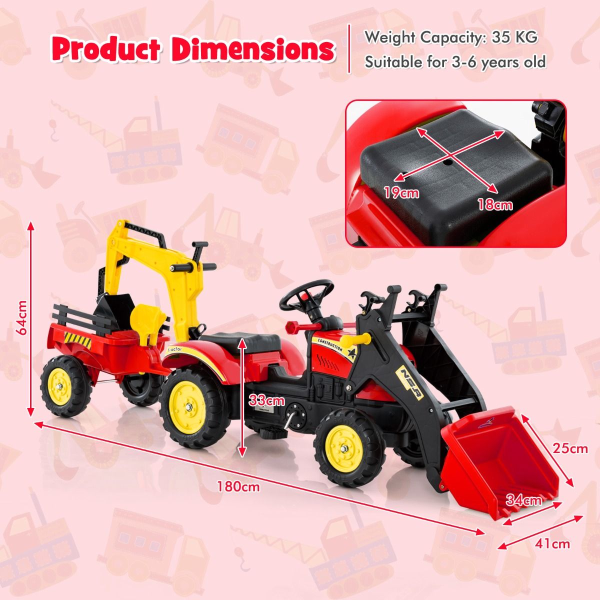 Tracteur pour enfants Coast - Pelleteuse 3-en-1 avec remorque amovible - 6 roues - rouge