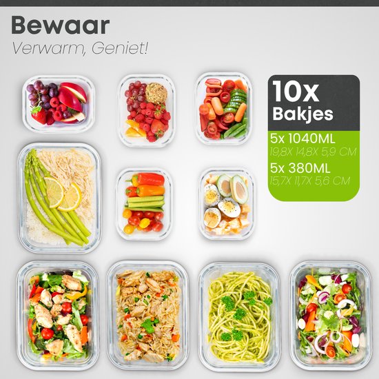 Savoré Kitchen Preserving Trays Set - with Steam Lid - Meal Prep Trays - Freezer Trays Glass - Airtight - 10 Pieces - 1040 & 380 ML