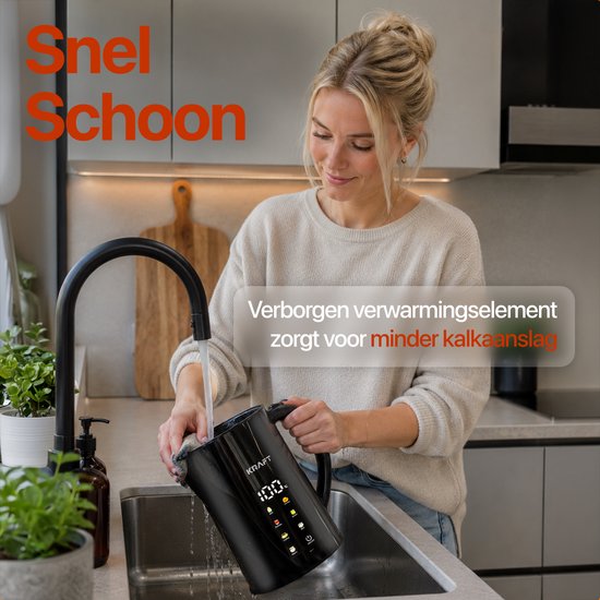 Bouilloire électrique KRAFT avec réglage de la température - 1,7 litre - Écran tactile LED - Noir - 2 200 W