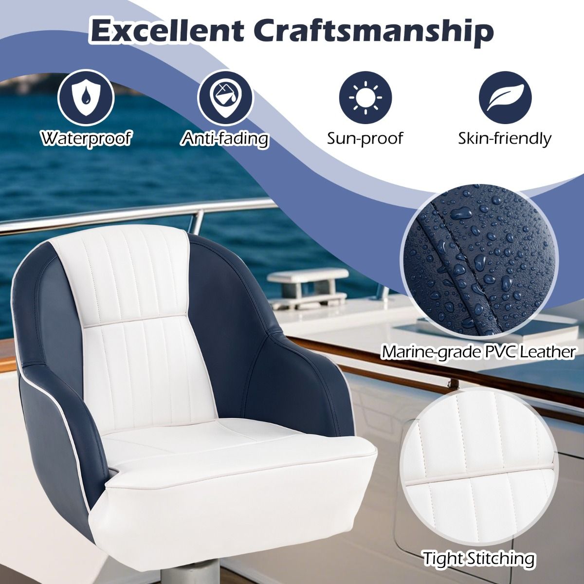 Siège de capitaine Coast pour bateau - rembourrage en mousse épaisse - cuir PVC imperméable - bleu et blanc
