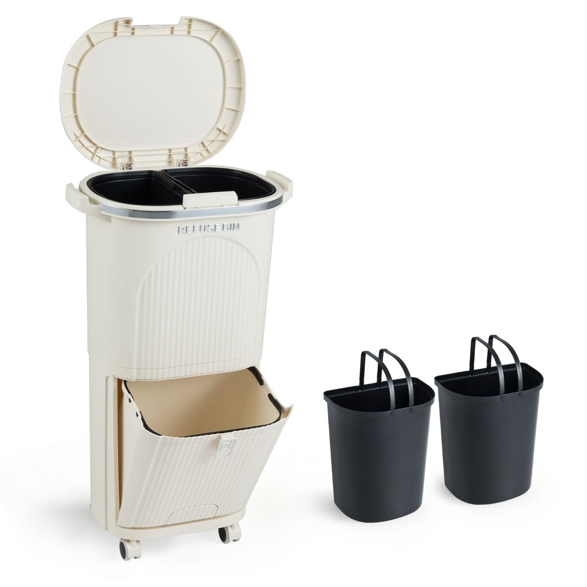 Poubelle de tri sélectif Coast sur roulettes - 3 compartiments - Pédale et bouton-poussoir - Beige - 38 litres