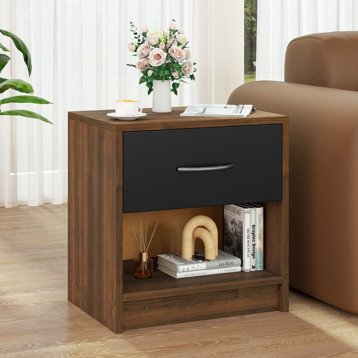 Table de chevet Coast - avec tiroir et étagère ouverte - design compact - marron et noir - 38,5 x 28 x 40,5 cm