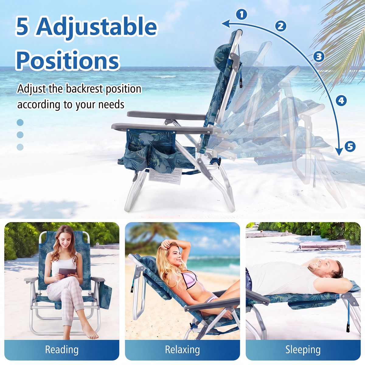 Ensemble de chaises de plage et de table Coast - Réglables sur 5 positions - Pliables - Bleu - Lot de 2 chaises de plage et d'une table