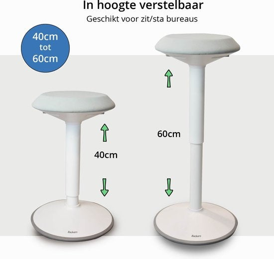 Tabouret oscillant Bckz blanc | Hauteur 40-60 cm | Tabouret d'équilibre | Tabouret assis-debout | Chaise de bureau ergonomique | Tabouret en forme de selle