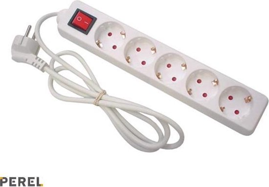 Multiprise Perel avec interrupteur, 5 prises avec mise à la terre (type F), câble de 1,5 m, 3G1,5, usage intérieur, blanc