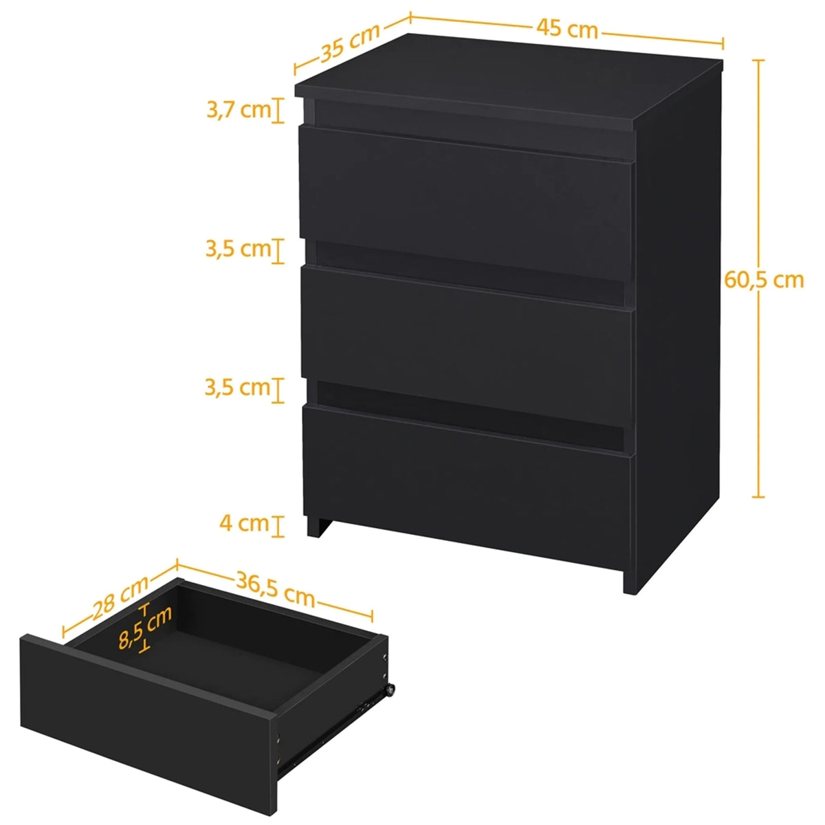 Yaheetech : table de chevet élégante à 3 tiroirs, 45,5 x 35,5 x 60,5 cm – Noir mat – MDF