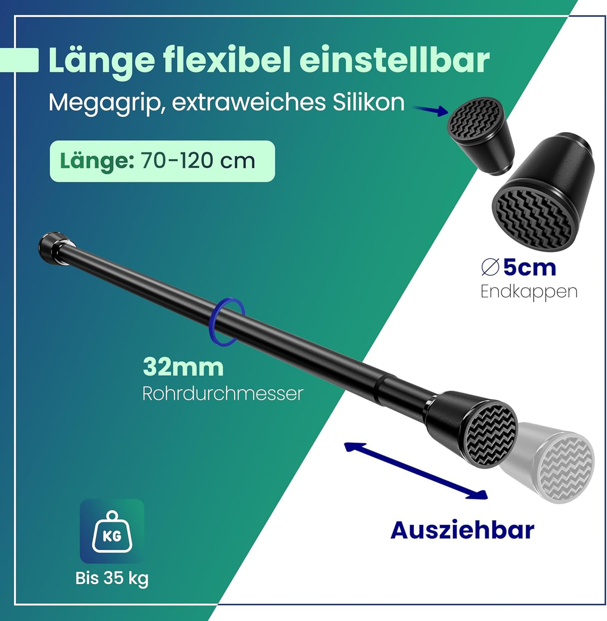 LOBUX® - Tringle à rideau sans perçage [noir, 70-120cm] - tringle télescopique extension de rideau - tringle de douche sans perçage - tringle à rideau, tringle à rideau de douche, tringle à linge, tringle de serrage filet à chat