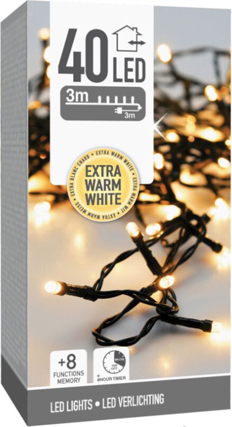 Guirlande lumineuse de Noël 40 LED - 3 m - blanc très chaud - minuterie - modes d'éclairage - mémoire - usage extérieur/intérieur