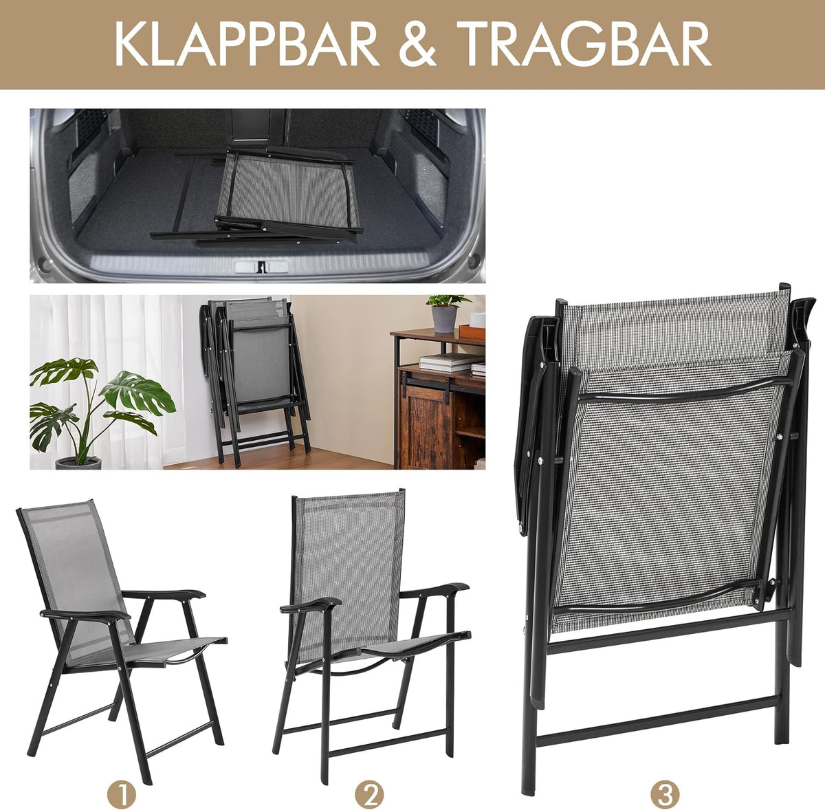 Yaheetech Lot de 2 chaises de jardin - Chaises pliantes avec dossier et accoudoirs - Marron - 54 x 57 x 93,5 cm - Capacité de charge maximale : 150 kg