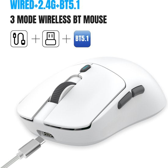 Fuegobird T68 - Souris de jeu sans fil 2.4G - 12000DPI - PAW3311 - FPS/MOBA/MMO - Souris de jeu - Ultra légère - Blanche