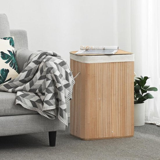 Songmics XL 72 litres - Grand panier à linge pliable - bambou - doublure lavable - 40 x 30 x 60 cm