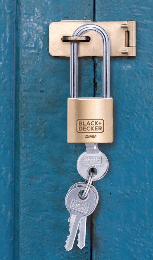 BLACK+DECKER Cadenas - 25mm - Anse longue - 3 clés incluses - Serrure en laiton massif