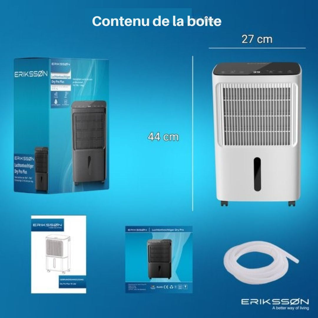Déshumidificateur Erikssøn Dry Pro Plus - 16 L/jour - Fonction Lavage-Séchage - Pour chambre à coucher, salle de bain, salon et sous-sol - Blanc