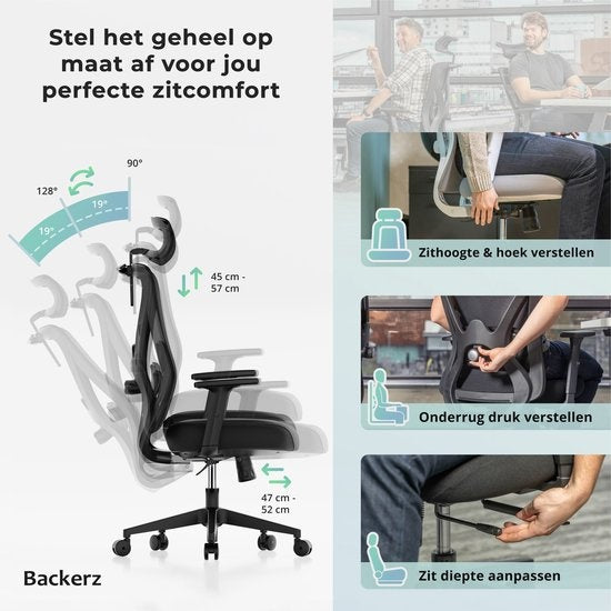 Backerz® Ergonomic Office Chair for Adults Fully Adjustable - NEN-EN1335 certified up to 150kg - Office Chair - Game Chair - Motion Mesh, Black