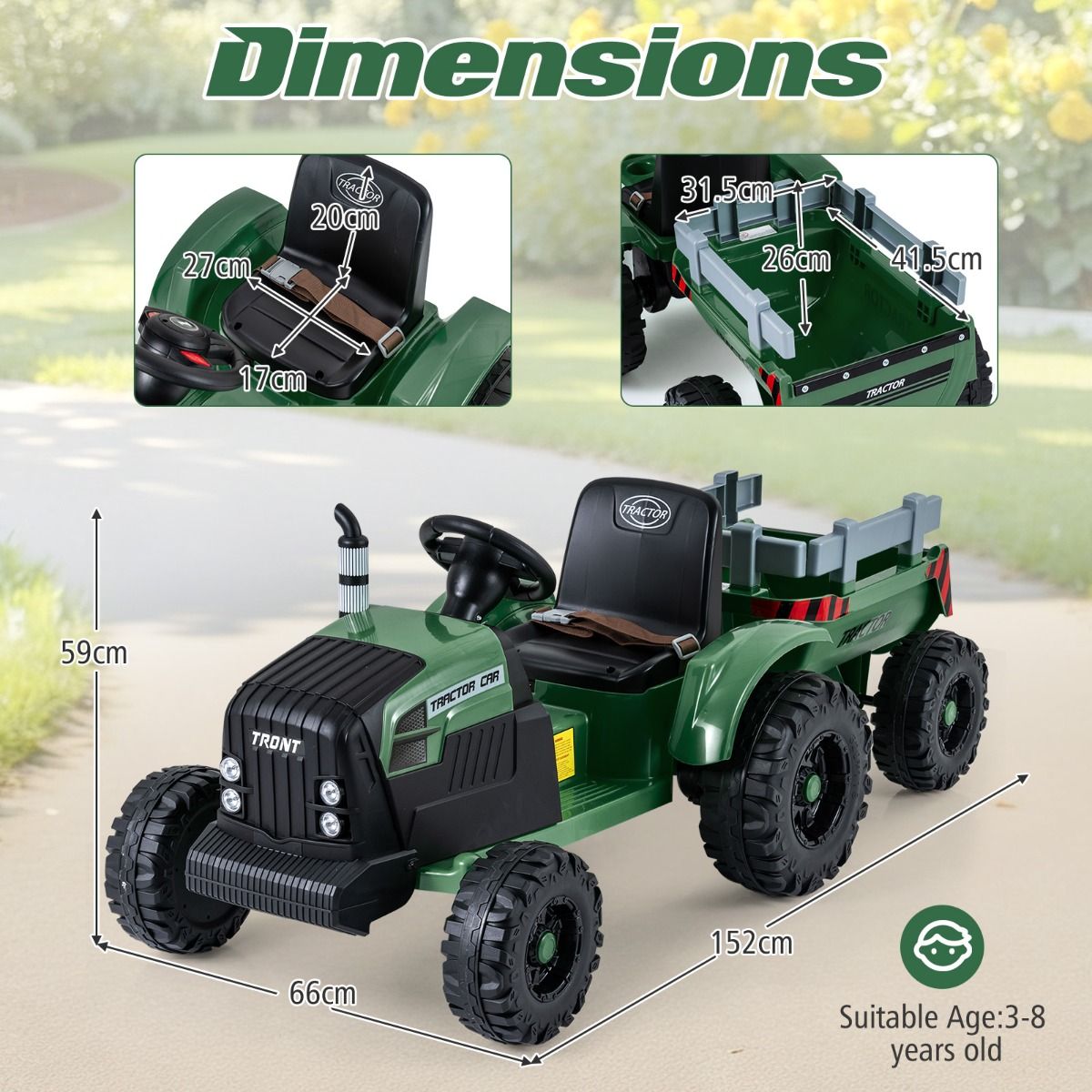 Tracteur électrique pour enfants Coast avec remorque - Double moteur - Télécommande - Vert foncé