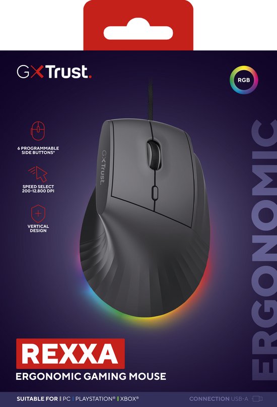 Trust GXT 145 Rexxa - Souris gaming - Filaire - 12 800 DPI - Éclairage RGB - Ergonomique verticale - Noire