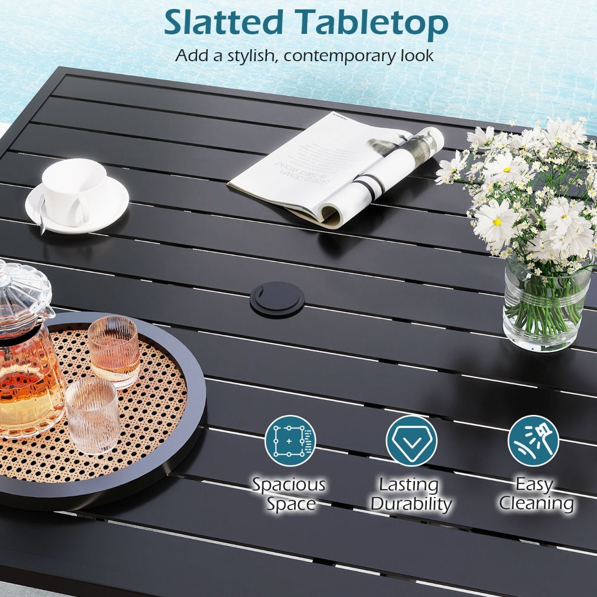 Table de jardin Coast avec trou pour parasol - table à manger carrée - plateau à lattes - noir - 91 x 91 cm