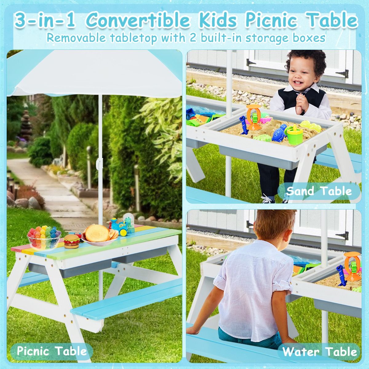 Ensemble de table de pique-nique pour enfants Coast 3-en-1 - avec parasol et bancs - multicolore