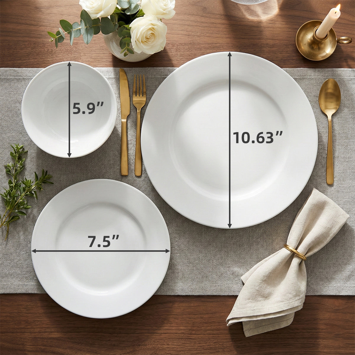 Service de table rond : élégantes assiettes et bols en céramique blanche