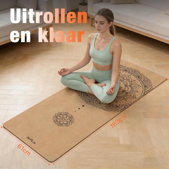 Tapis de yoga en liège DH FitLife - Mandala Harmony - 183 x 61 cm - 6 mm - Avec sangle de transport