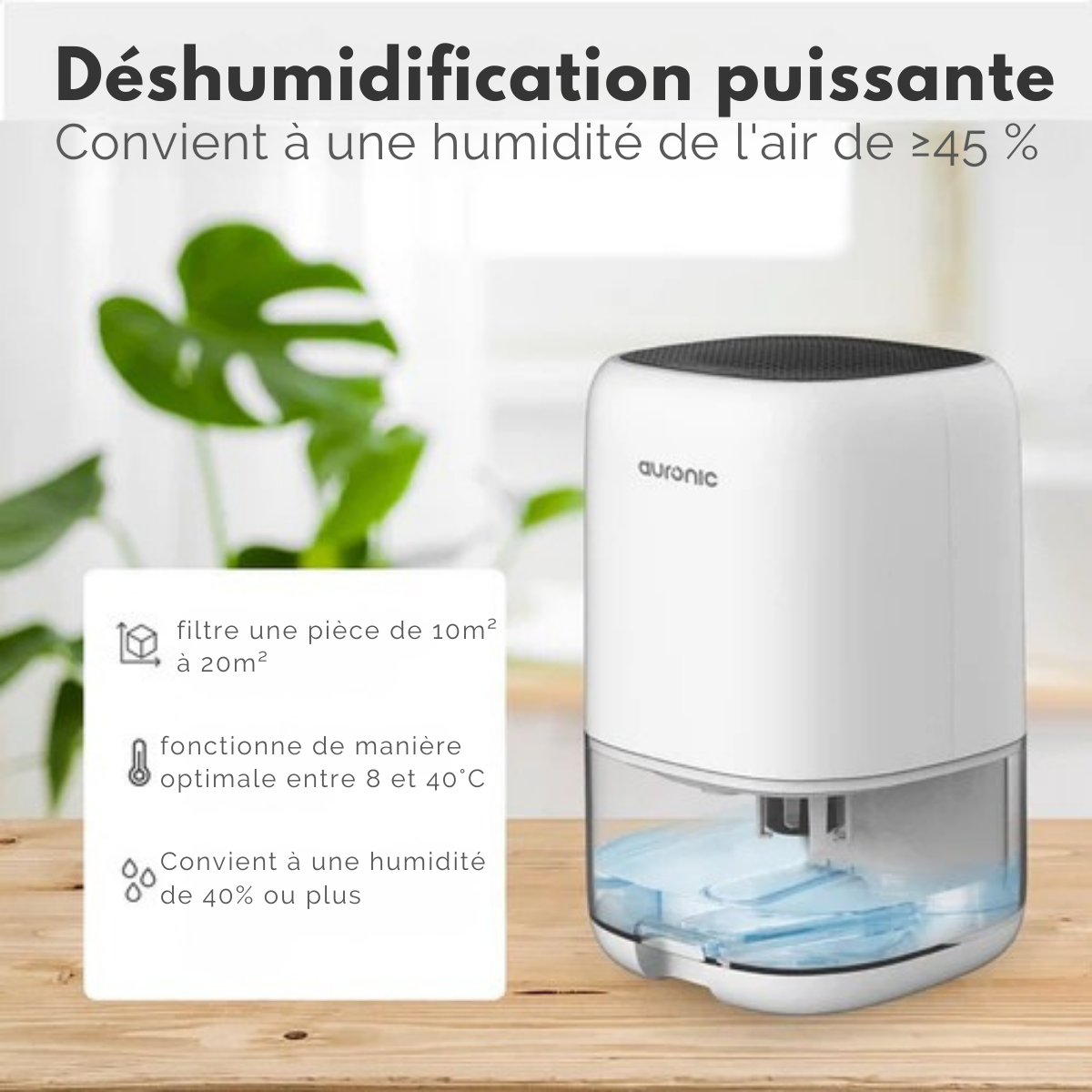 Déshumidificateur - Auronic - Jusqu'à 450ml par jour - LED - Convient salon, chambre et salle de bain - Blanc