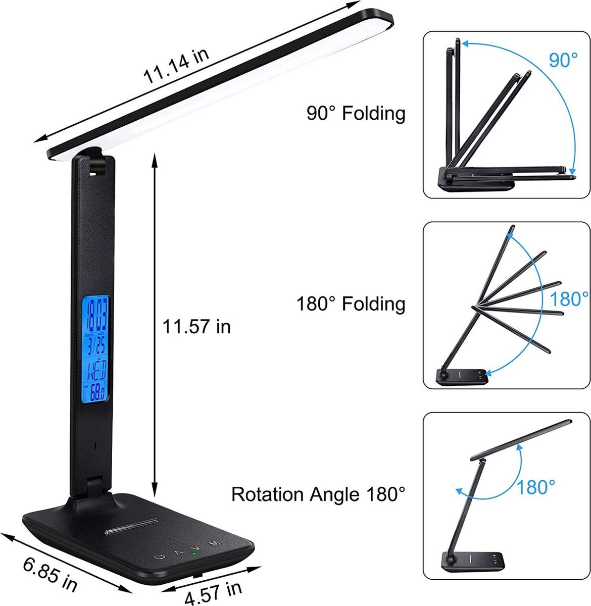 Lampe de bureau LED - avec calendrier - port de charge USB - pliable - noir