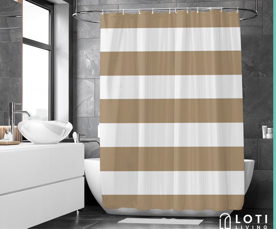 Loti Living Rideau de douche anti-moisissure - Rayures marron clair - Anneaux inclus - Imperméable - Polyester - Rideau de douche 180x200 cm