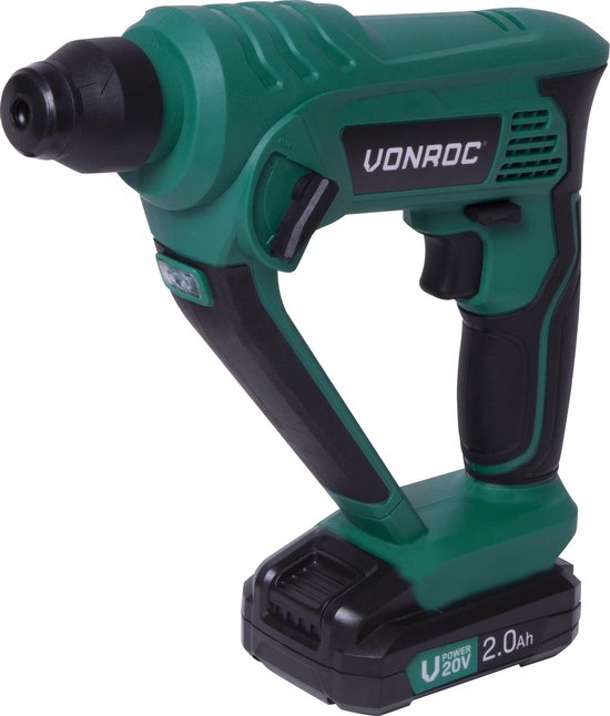 VONROC Marteau perforateur sans fil - VPower 20V - 2x 2.0Ah batterie & chargeur - 1.3 Joule - SDS-plus - Accessoires inclus