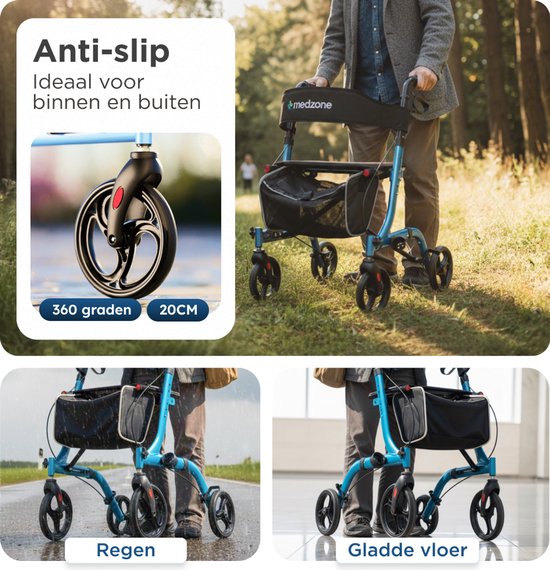 Déambulateur Medzone léger et pliable - fonction assise - intérieur et extérieur - dossier et support de canne - bleu