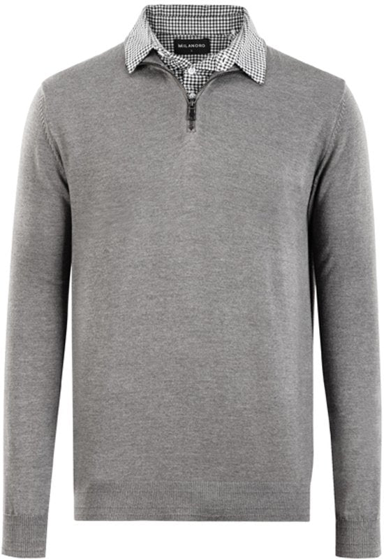 Milanoro - Pull à col chemise avec demi-fermeture éclair pour homme - Gris - XXL