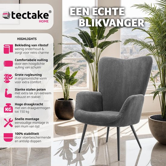 tectake® Fauteuil à oreilles de style scandinave - Velours côtelé Hygge - Chaise de salon, chambre à coucher - Chaise longue - Pieds en métal noir - Capacité jusqu'à 150 kg - Gris