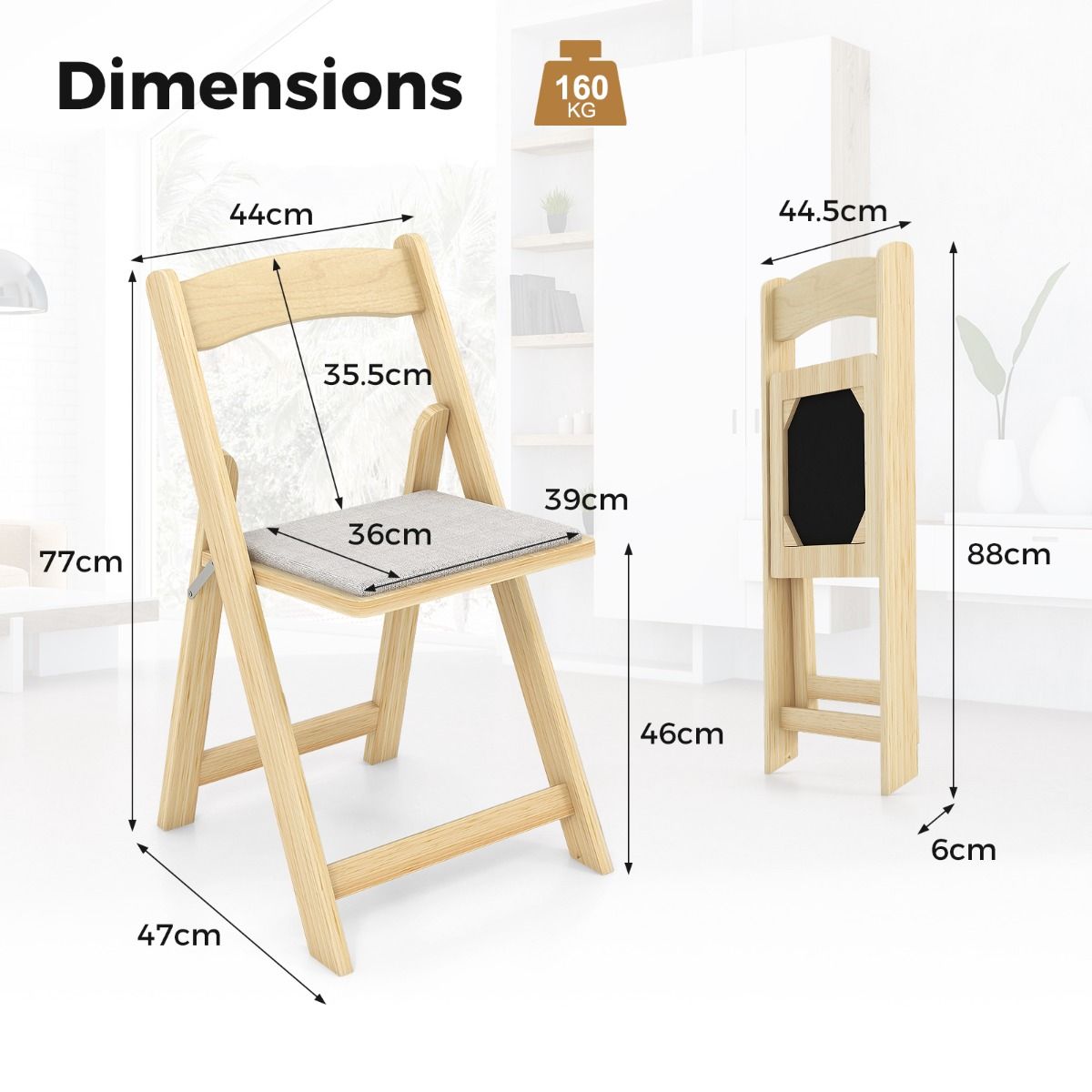 Coast Set de 2 chaises de salle à manger pliables - 44x47x77 cm - couleur naturelle - avec pieds en bois d'hévéa et assise rembourrée