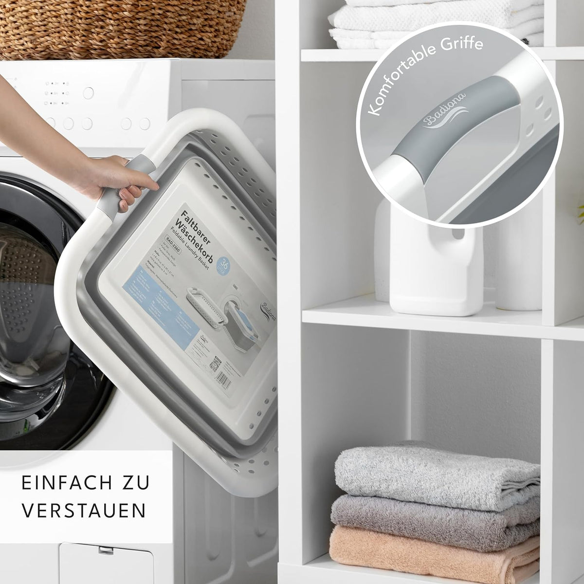 Lot de 2 paniers à linge pliables Badiona - 36 litres - 61 x 45 x 27 cm - PP et TPR - Gris et blanc - Peu encombrants